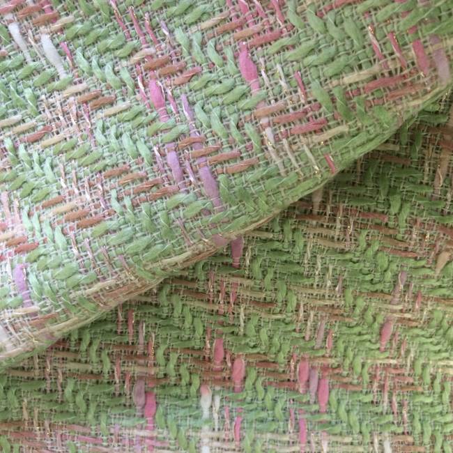 Tissu tweed vert et rose filé or brillant